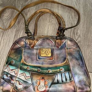 Anuschka Designer Handpainted Leather Artwork Signed Satchel Crossbody Bag Purse